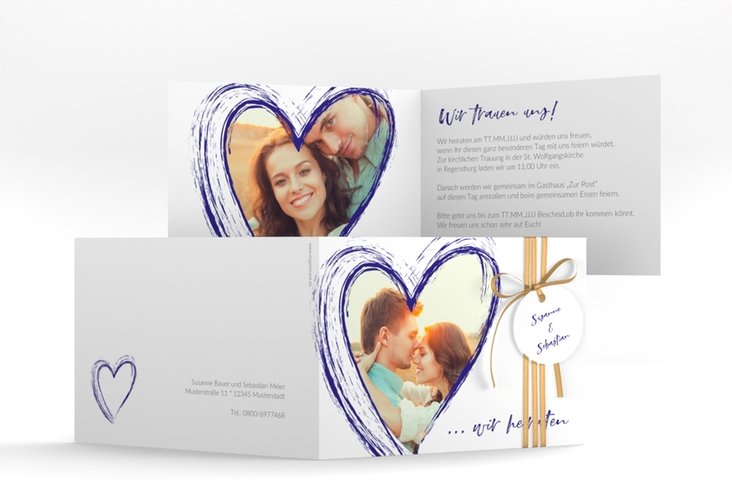 Hochzeitseinladung Liebe A6 Klappkarte quer blau hochglanz