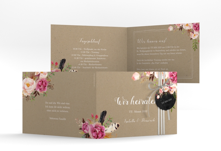 Hochzeitseinladung Flowers A6 Klappkarte quer Kraftpapier mit bunten Aquarell-Blumen