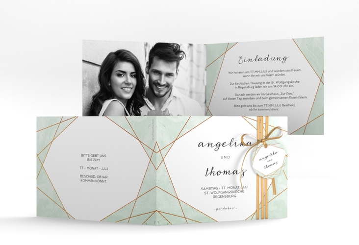 Hochzeitseinladung Asymmetry A6 Klappkarte quer gruen