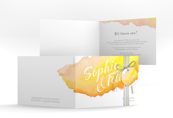 Einladungskarte Hochzeit Aquarella A6 Klappkarte quer gelb hochglanz