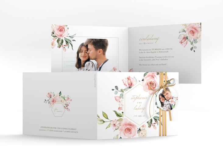 Einladung Hochzeit Graceful A6 Klappkarte quer weiss mit Rosenblüten in Rosa und Weiß