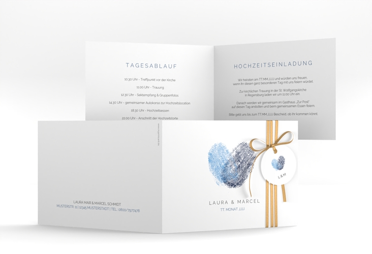 Hochzeitseinladung Fingerprint A6 Klappkarte quer blau hochglanz schlicht mit Fingerabdruck-Motiv