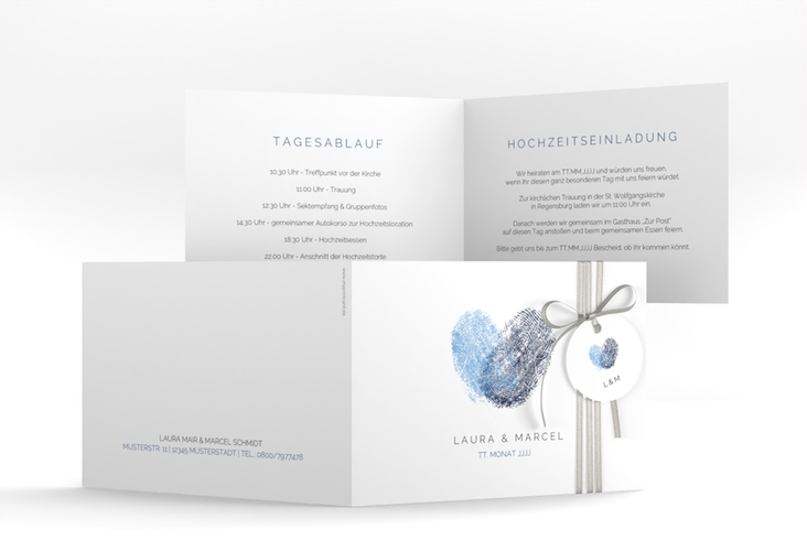Hochzeitseinladung Fingerprint A6 Klappkarte quer blau hochglanz schlicht mit Fingerabdruck-Motiv