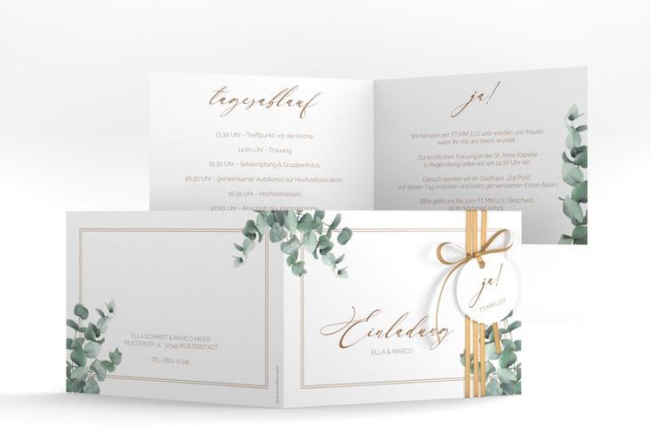 Hochzeitseinladung Eucalypt A6 Klappkarte quer weiss mit Eukalyptus und edlem Rahmen