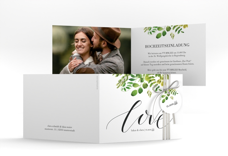 Hochzeitseinladung Botany A6 Klappkarte quer weiss hochglanz