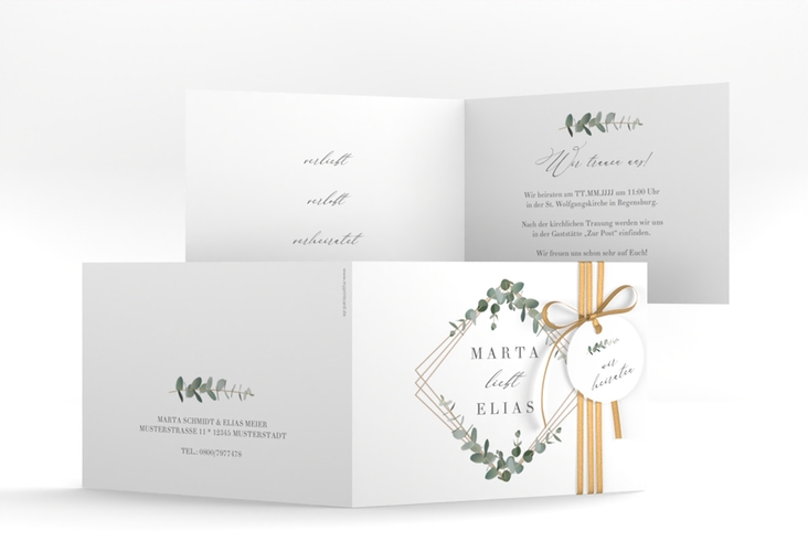 Hochzeitseinladung Eukalyptus A6 Klappkarte quer weiss
