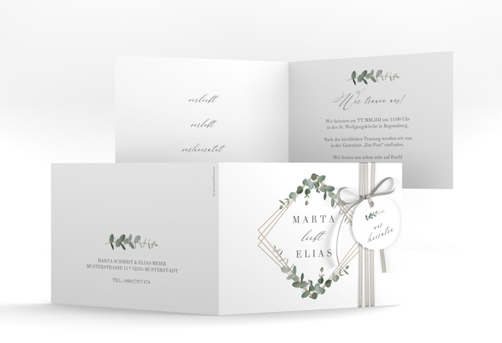 Hochzeitseinladung Eukalyptus A6 Klappkarte quer weiss