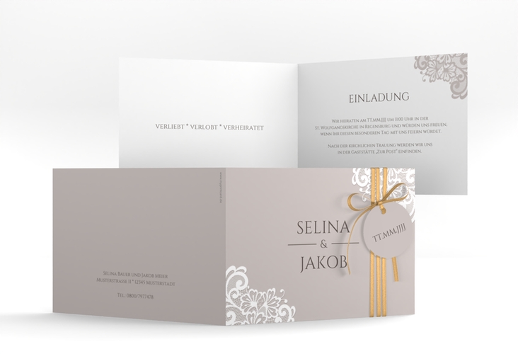 Hochzeitseinladung Vintage A6 Klappkarte quer mit floraler Spitze