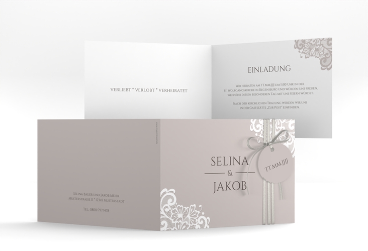 Hochzeitseinladung Vintage A6 Klappkarte quer mit floraler Spitze