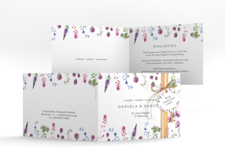 Hochzeitseinladung Wildblumen A6 Klappkarte quer weiss
