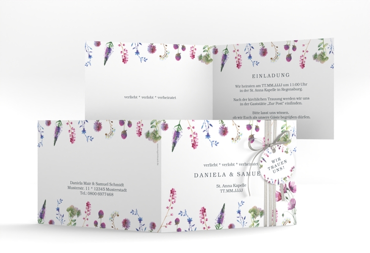 Hochzeitseinladung Wildblumen A6 Klappkarte quer weiss