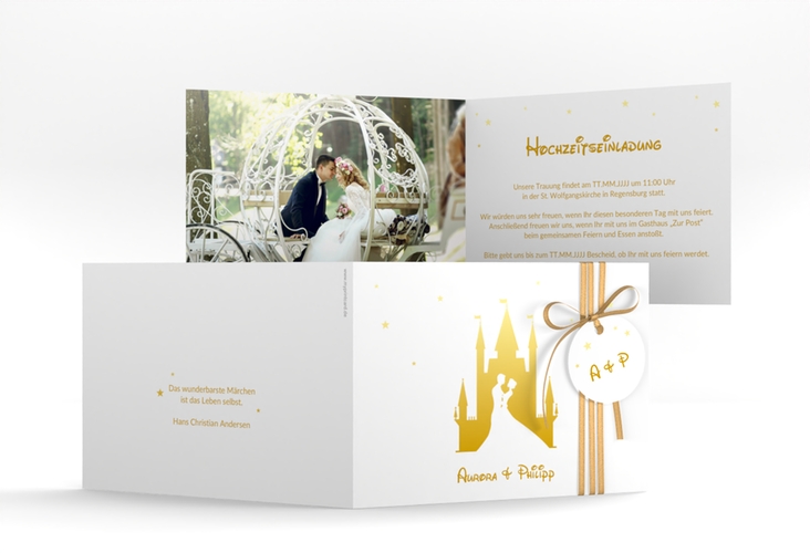 Hochzeitseinladung Castle A6 Klappkarte quer gold hochglanz