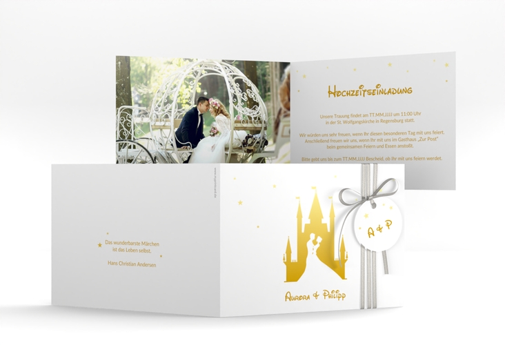 Hochzeitseinladung Castle A6 Klappkarte quer gold hochglanz