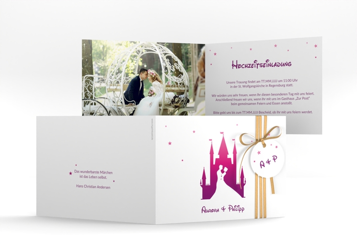 Hochzeitseinladung Castle A6 Klappkarte quer pink hochglanz