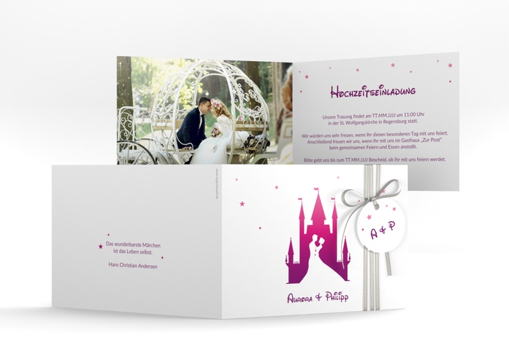 Hochzeitseinladung Castle A6 Klappkarte quer pink hochglanz