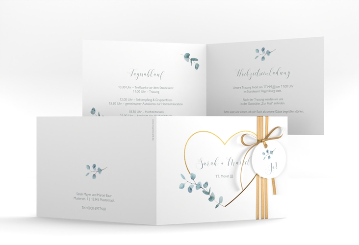 Hochzeitseinladung Greenheart A6 Klappkarte quer gold hochglanz mit elegantem Herz und Eukalyptus-Zweig