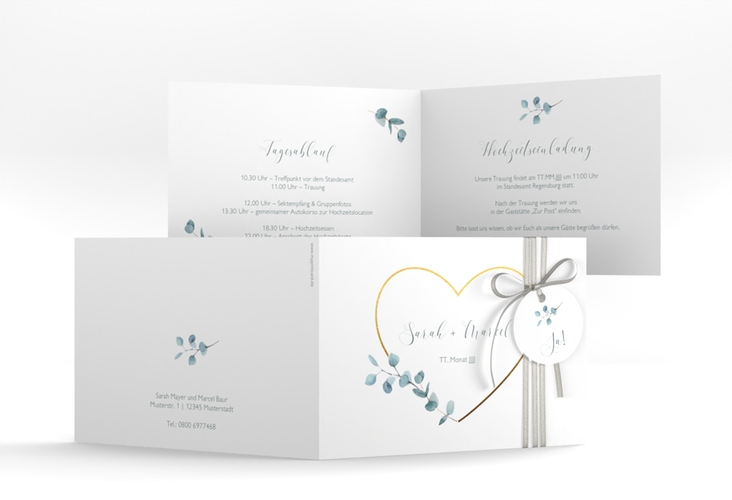Hochzeitseinladung Greenheart A6 Klappkarte quer gold hochglanz mit elegantem Herz und Eukalyptus-Zweig