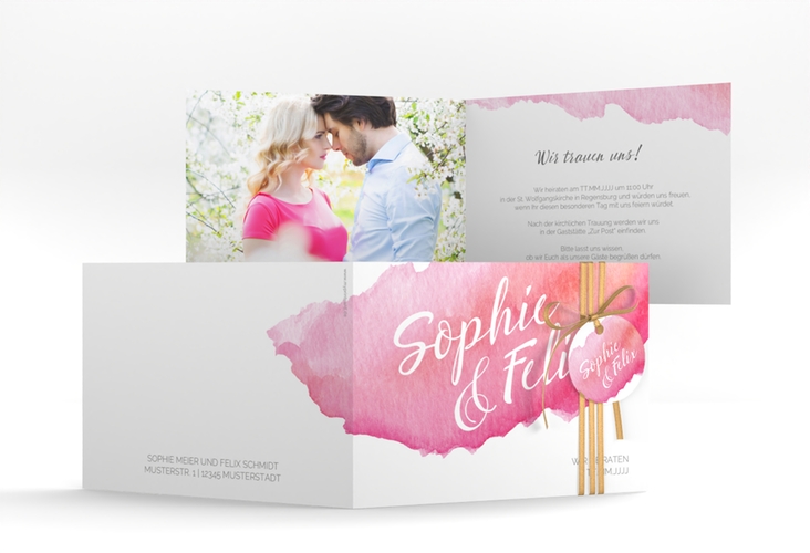 Einladungskarte Hochzeit Aquarella A6 Klappkarte quer rot