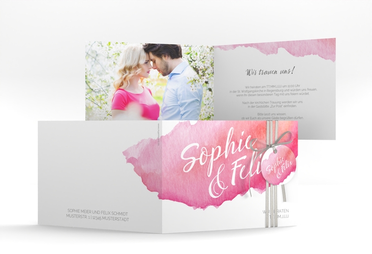 Einladungskarte Hochzeit Aquarella A6 Klappkarte quer rot