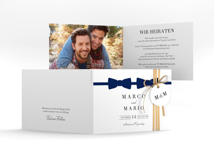 Hochzeitseinladung Suits A6 Klappkarte quer blau hochglanz