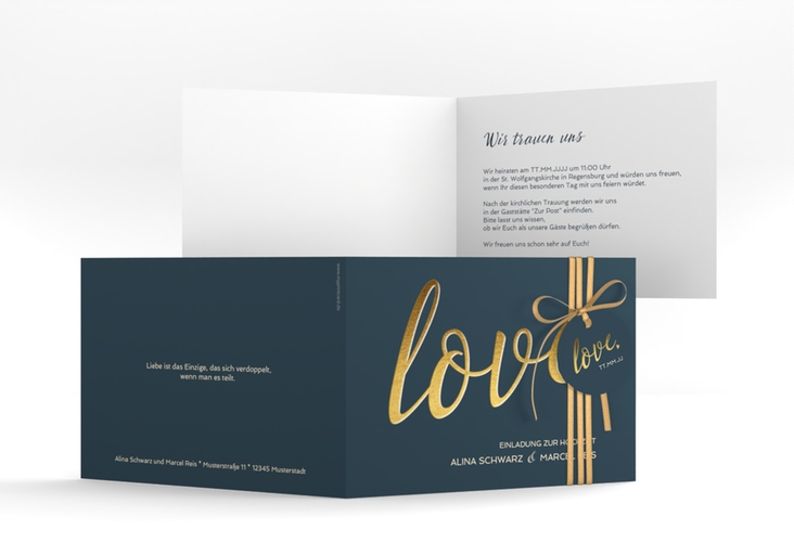 Hochzeitseinladung Glam A6 Klappkarte quer blau hochglanz