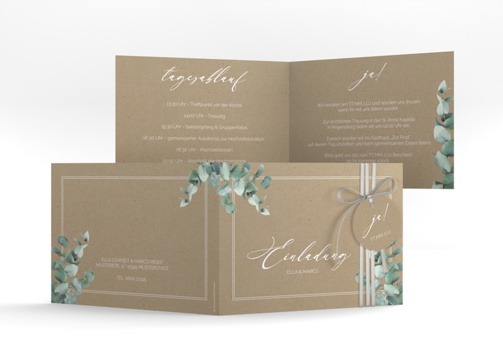 Hochzeitseinladung Eucalypt A6 Klappkarte quer Kraftpapier hochglanz mit Eukalyptus und edlem Rahmen