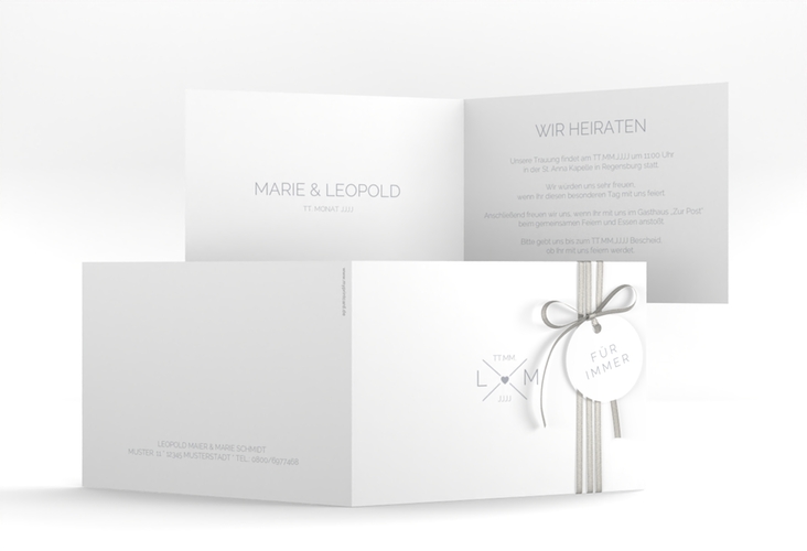 Hochzeitseinladung Initials A6 Klappkarte quer grau mit Initialen im minimalistischen Design