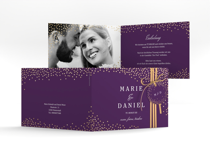 Hochzeitseinladung Glitter A6 Klappkarte quer lila hochglanz