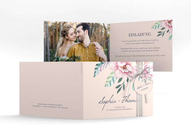 Hochzeitseinladung Blooming A6 Klappkarte quer rosa