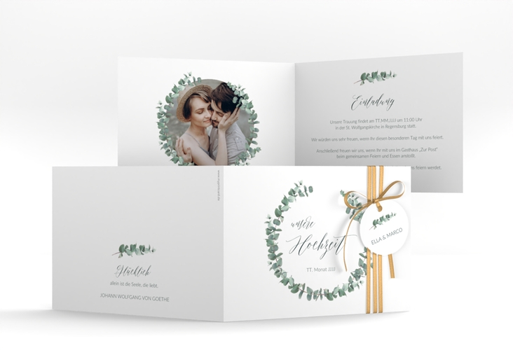 Hochzeitseinladung Silverleaf A6 Klappkarte quer weiss mit Eukalyptus-Zweig