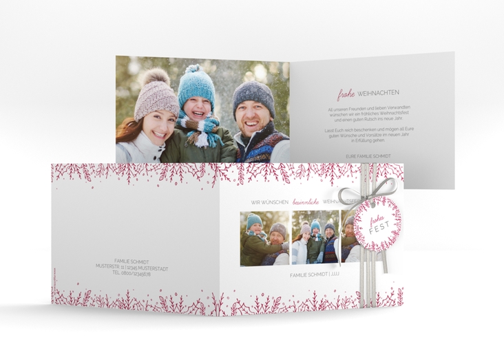 Weihnachtskarte Decor A6 Klappkarte quer mit drei Fotos und Zweig-Dekor