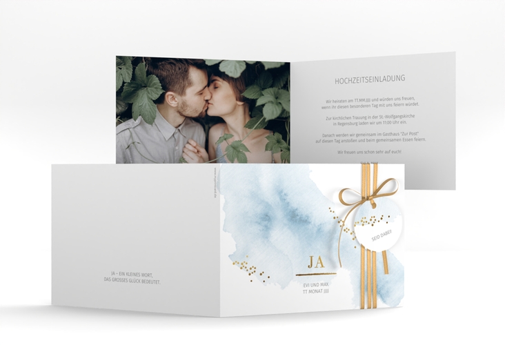 Hochzeitseinladung Pastell A6 Klappkarte quer blau hochglanz