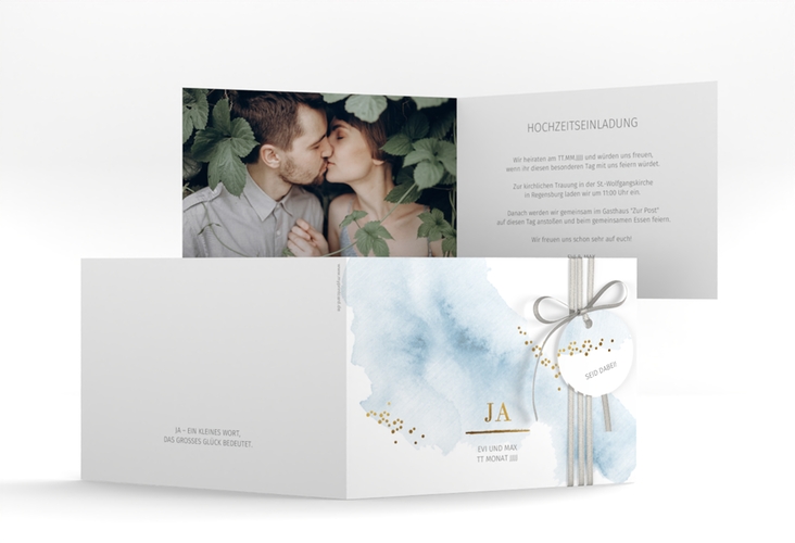 Hochzeitseinladung Pastell A6 Klappkarte quer blau hochglanz