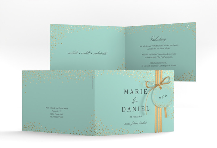 Hochzeitseinladung Glitter A6 Klappkarte quer mint hochglanz