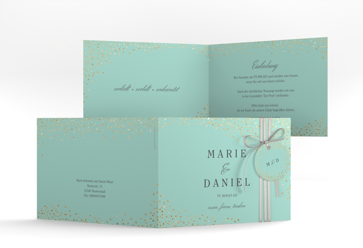 Hochzeitseinladung Glitter A6 Klappkarte quer mint hochglanz