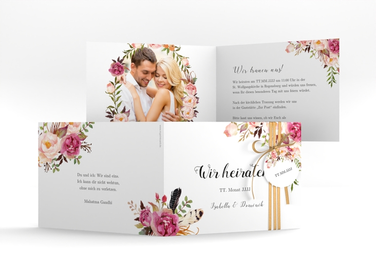 Hochzeitseinladung Flowers A6 Klappkarte quer weiss mit bunten Aquarell-Blumen