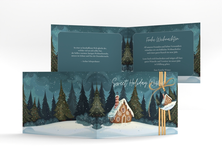 Weihnachtskarte Knusperhaus A6 Klappkarte quer tuerkis hochglanz mit Lebkuchenhaus im Winterwald
