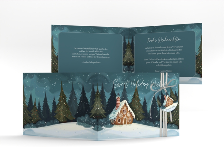 Weihnachtskarte Knusperhaus A6 Klappkarte quer tuerkis hochglanz mit Lebkuchenhaus im Winterwald