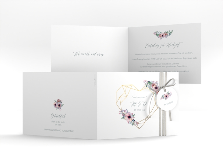 Hochzeitseinladung Herzgold A6 Klappkarte quer weiss hochglanz