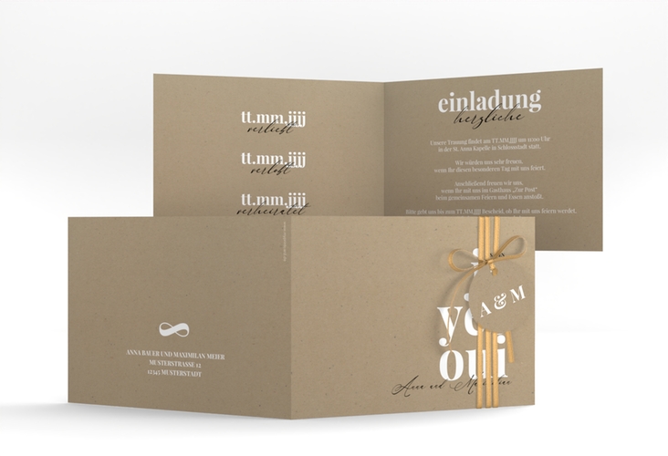 Hochzeitseinladung Oui A6 Klappkarte quer mit Ja-Wort in verschiedenen Sprachen