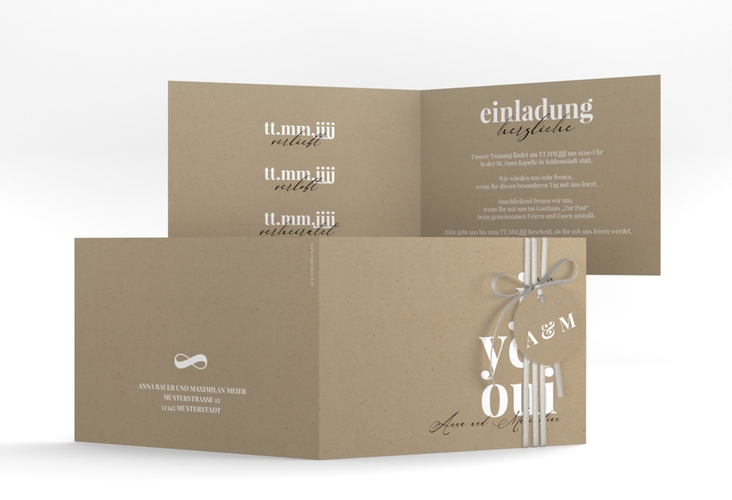 Hochzeitseinladung Oui A6 Klappkarte quer mit Ja-Wort in verschiedenen Sprachen