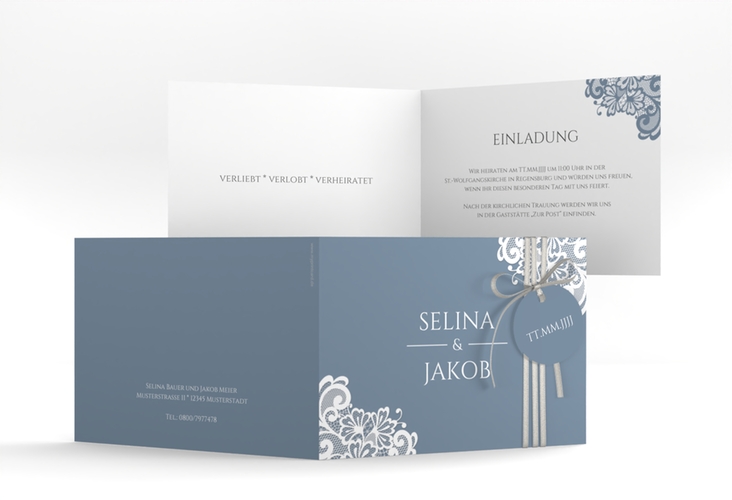 Hochzeitseinladung Vintage A6 Klappkarte quer blau mit floraler Spitze