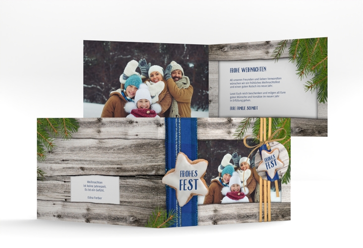 Weihnachtskarte Zimtstern A6 Klappkarte quer blau