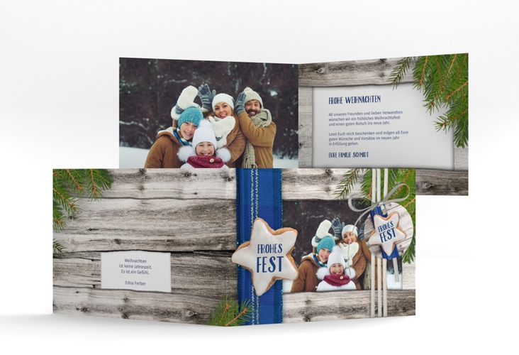 Weihnachtskarte Zimtstern A6 Klappkarte quer blau