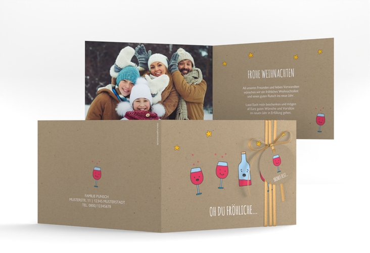 Weihnachtskarte Weihnachtspunsch A6 Klappkarte quer Kraftpapier mit singenden Getränken im Cartoon-Stil