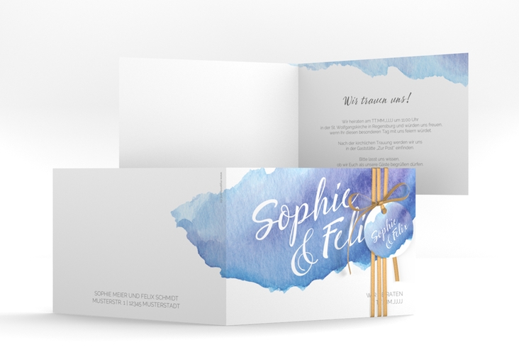 Einladungskarte Hochzeit Aquarella A6 Klappkarte quer blau