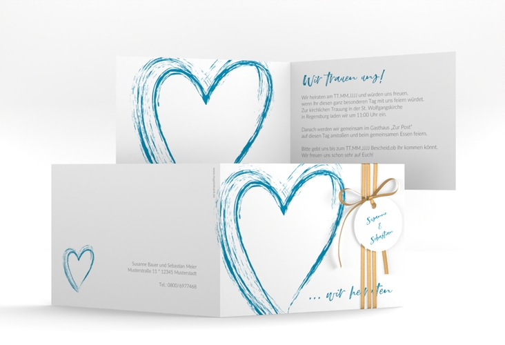 Hochzeitseinladung Liebe A6 Klappkarte quer tuerkis hochglanz