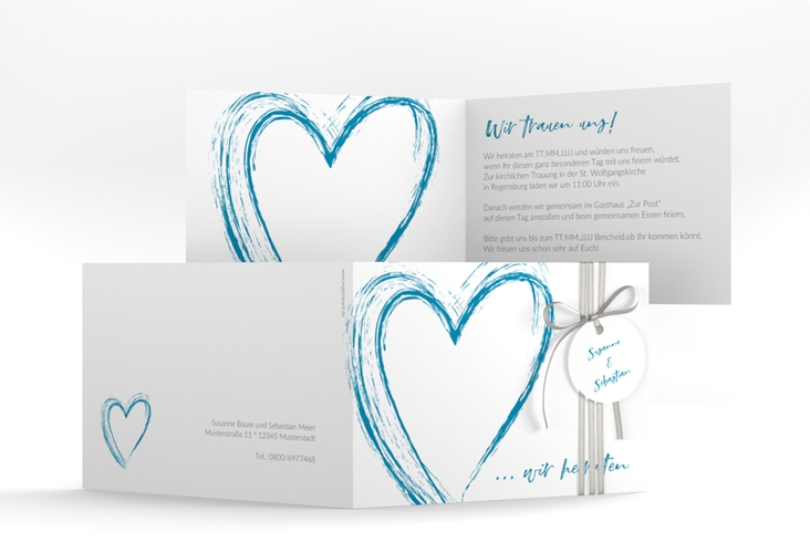 Hochzeitseinladung Liebe A6 Klappkarte quer tuerkis hochglanz