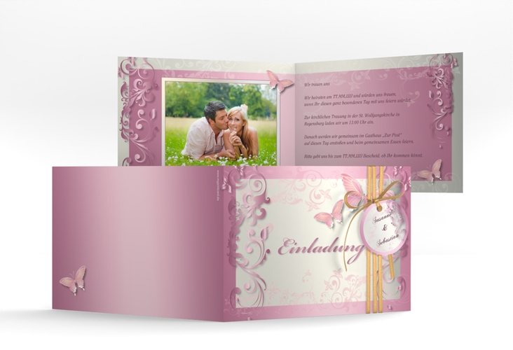 Hochzeitseinladung Toulouse A6 Klappkarte quer rosa mit Schmetterlingen und Schnörkeln