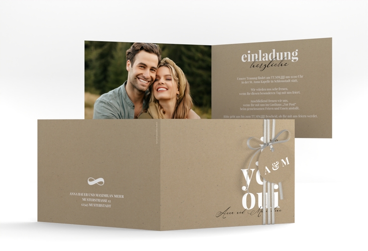 Hochzeitseinladung Oui A6 Klappkarte quer mit Ja-Wort in verschiedenen Sprachen